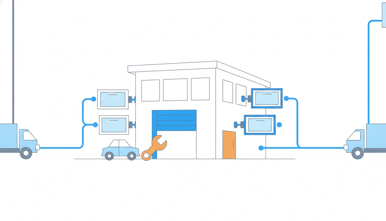 A small garage with plug-in modules snapped onto its walls from outside supplier trucks, and an orange emergency exit door at the side.