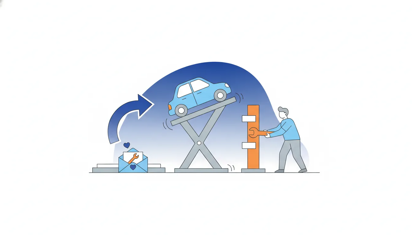 At night a light-blue car wobbles on a lift; a founder pulls a big orange on/off lever, a curved arrow points back and an apology envelope waits.