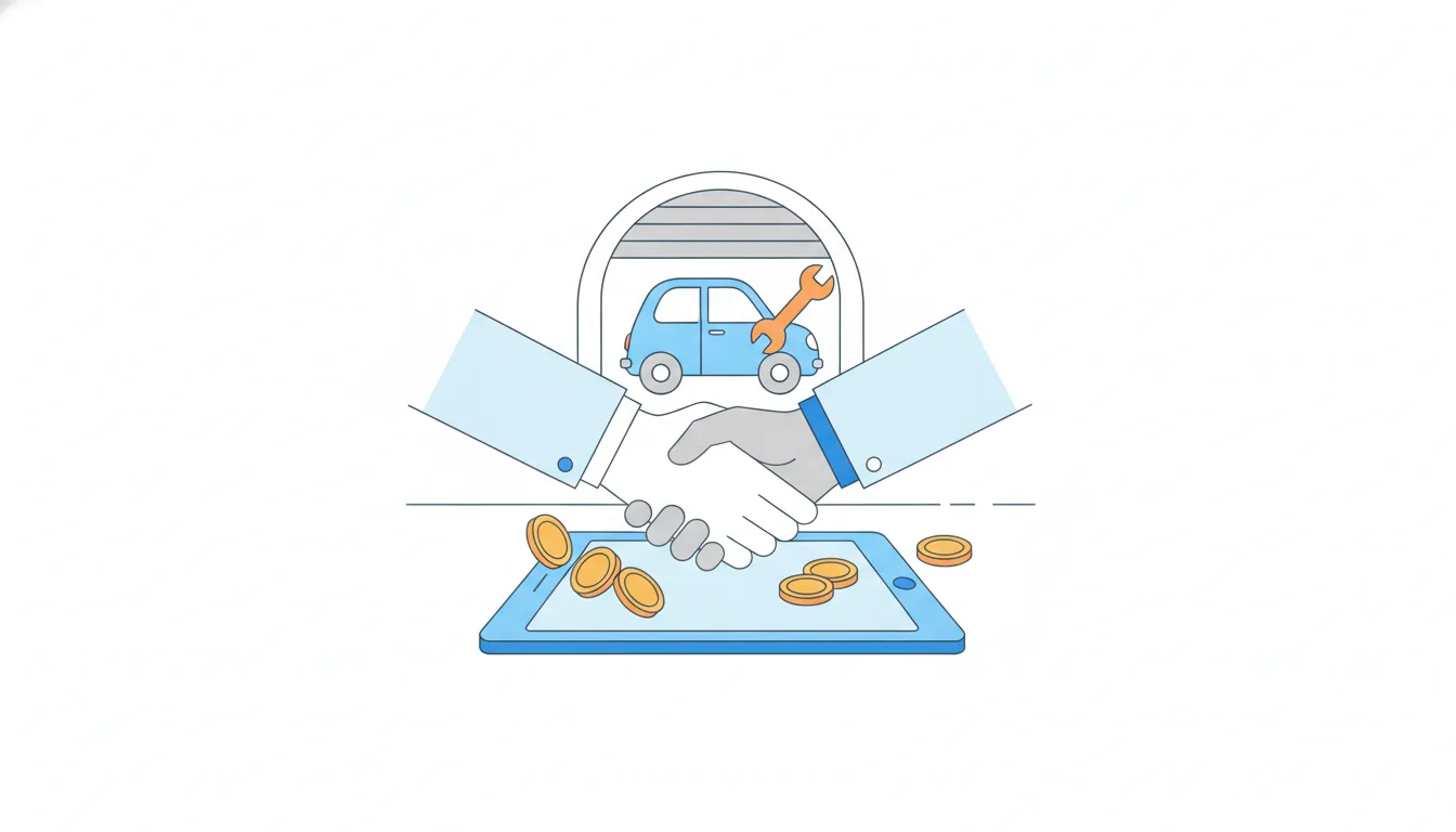 A handshake over an empty blueprint of an app screen with coins passing across the table, and a light-blue car waiting in a garage doorway.