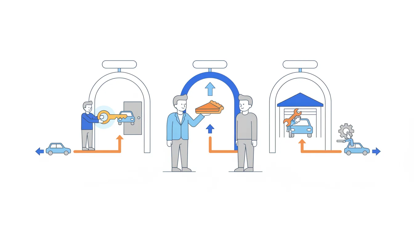 Two founders face three doors: a buyer offering a key, an investor holding a slice of pie, and their own garage still running.