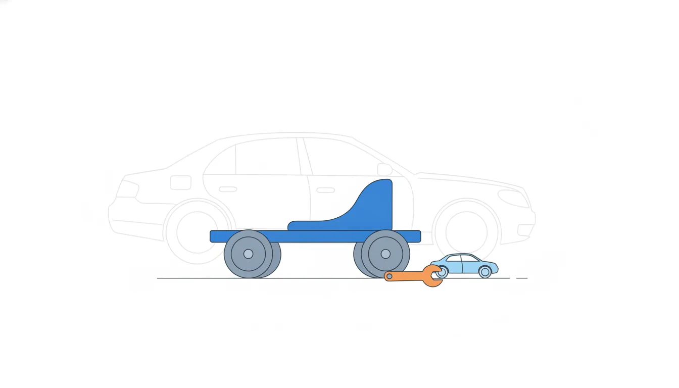 A simple cart made of four wheels, a plank and a seat with an orange wrench beside it, and a faded outline of a fancy car behind it.