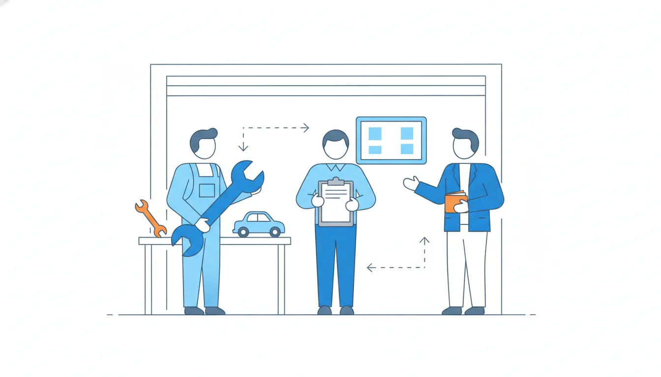 Three people in a repair shop: a mechanic with a wrench, a manager with a clipboard and an owner holding an orange wallet, linked by dotted arrows.