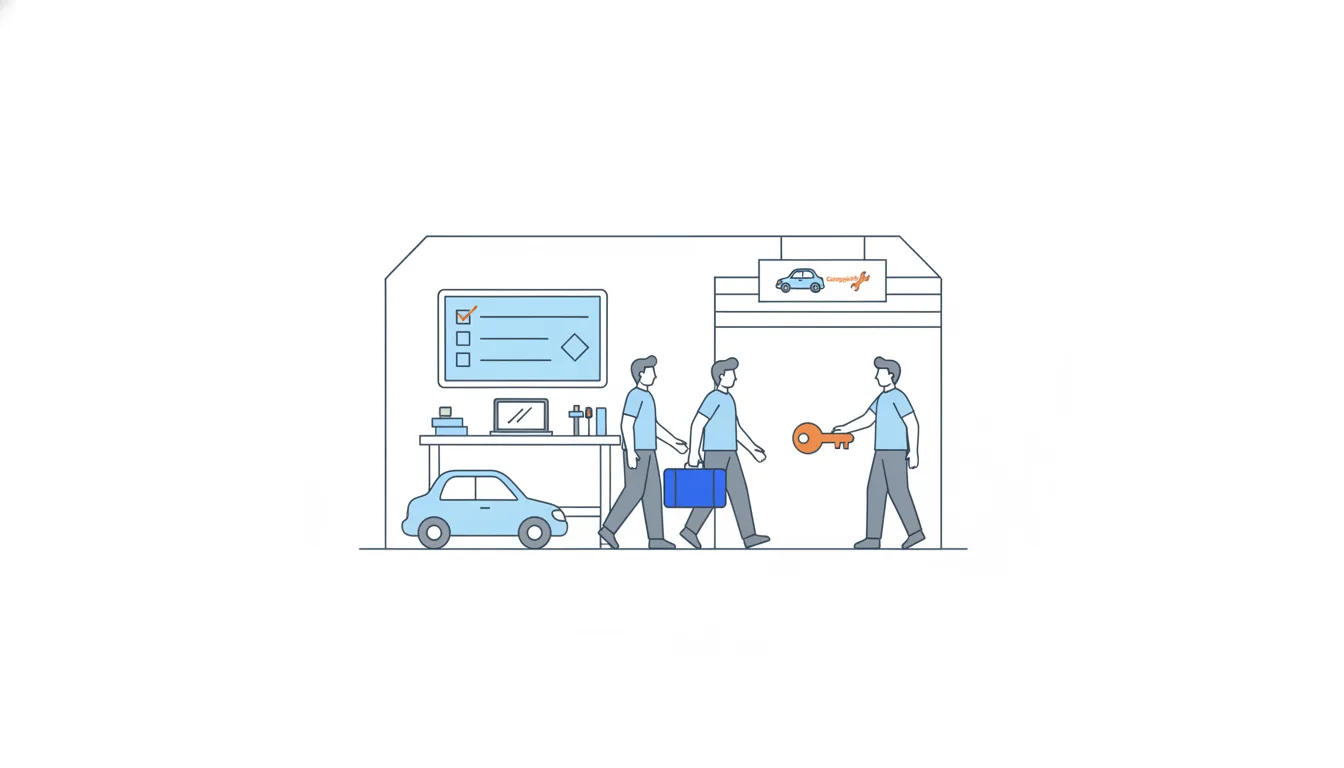 A tidy garage keeps working with a checklist board on the wall as the two founders leave with a suitcase; a buyer waits holding an orange key.