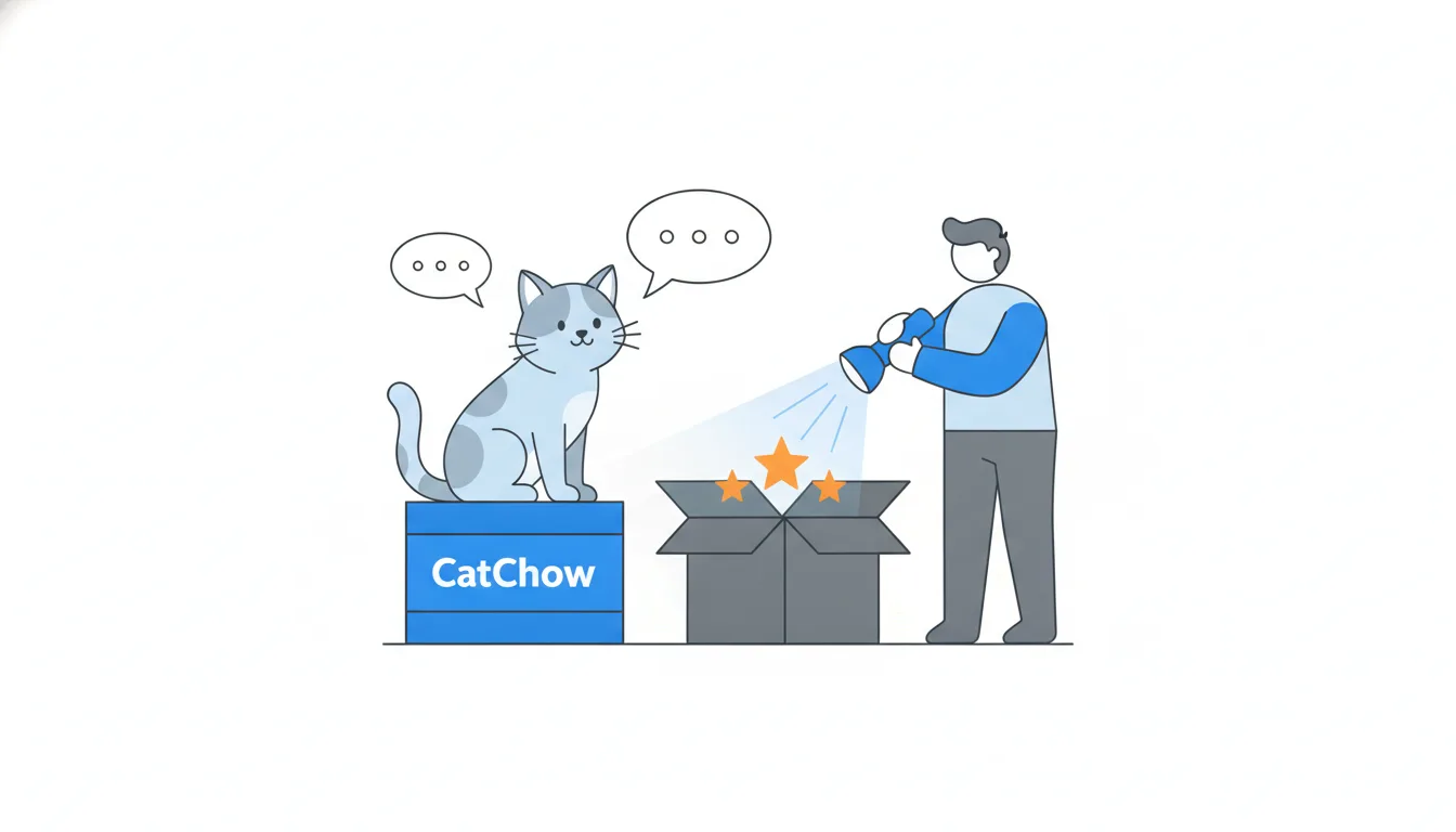 A team member shines a flashlight into a dark open box beside a curious cat, revealing three glowing orange stars inside.