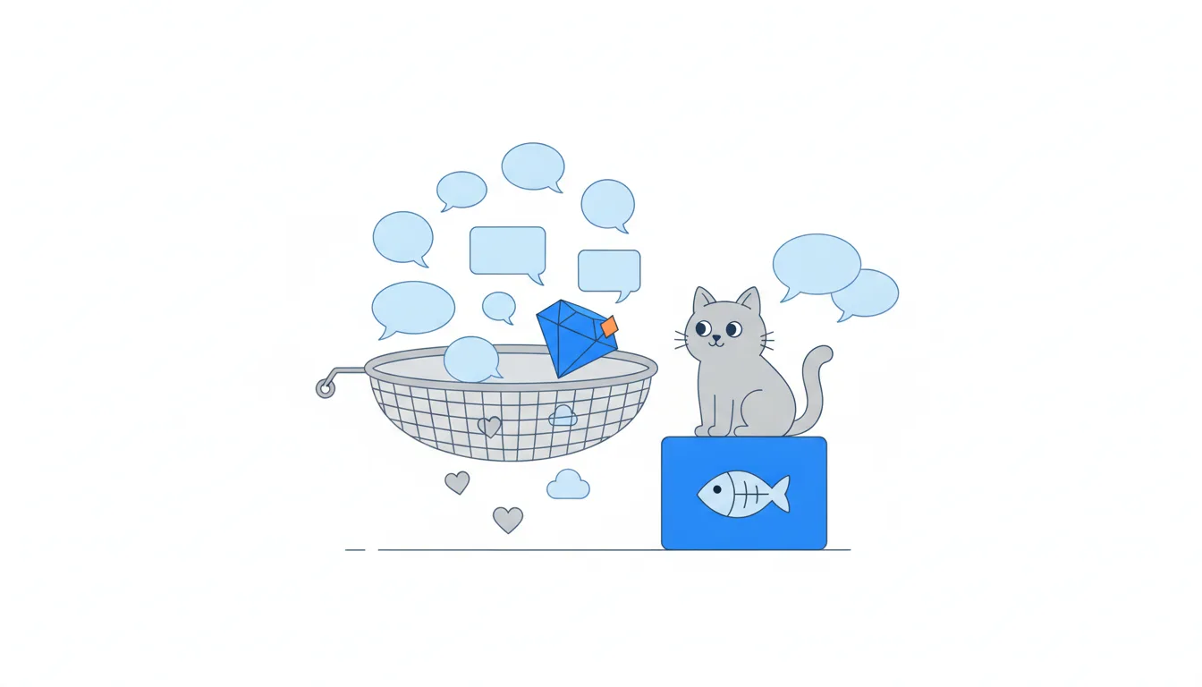 A large sieve sorts speech bubbles: hearts and clouds fall through in gray while one solid blue gem stays on top with an orange glint.
