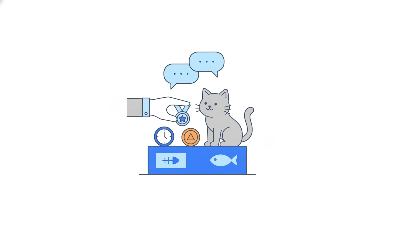 A cat owner places a small clock, a medal and an orange coin onto a blue cat-food box while a cat sits on top watching.