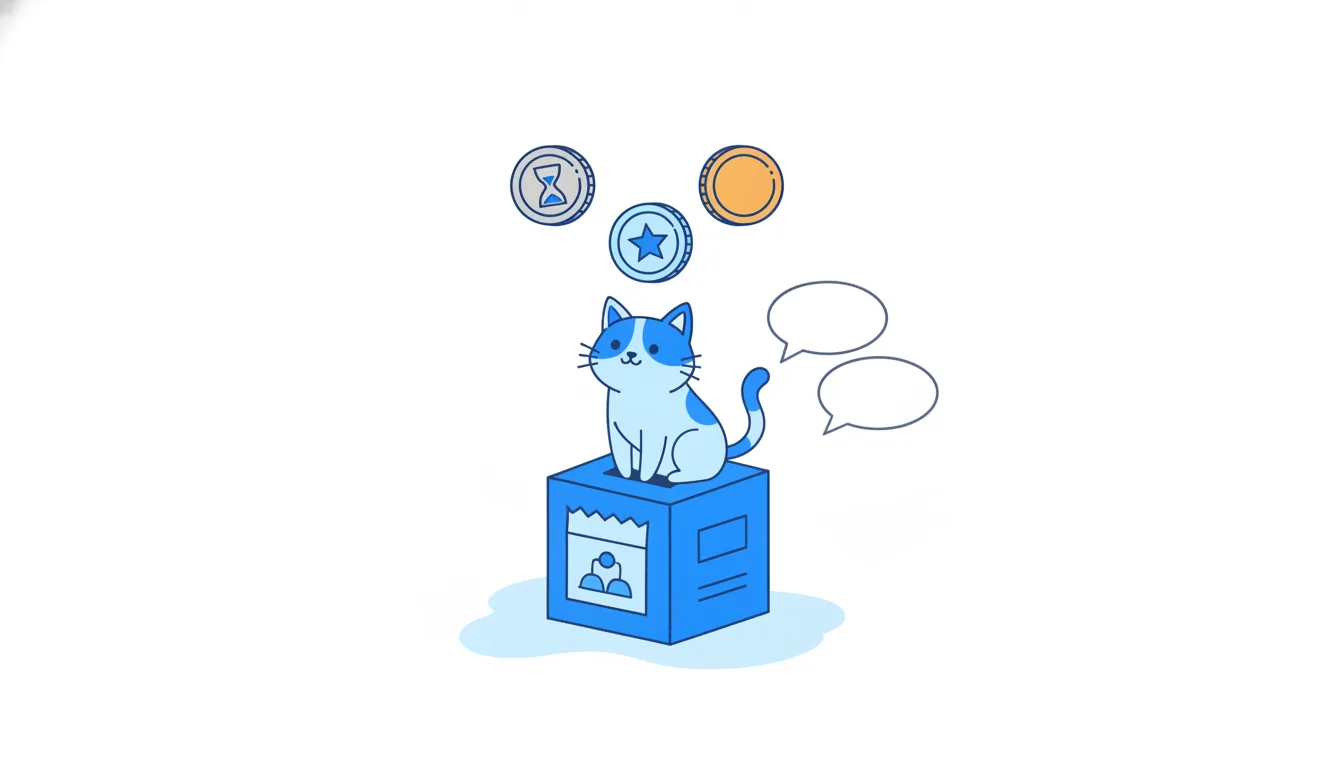 Three coins, one with an hourglass, one with a star and an orange money coin, drop into a slot in a blue cat-food box used as a piggy bank.