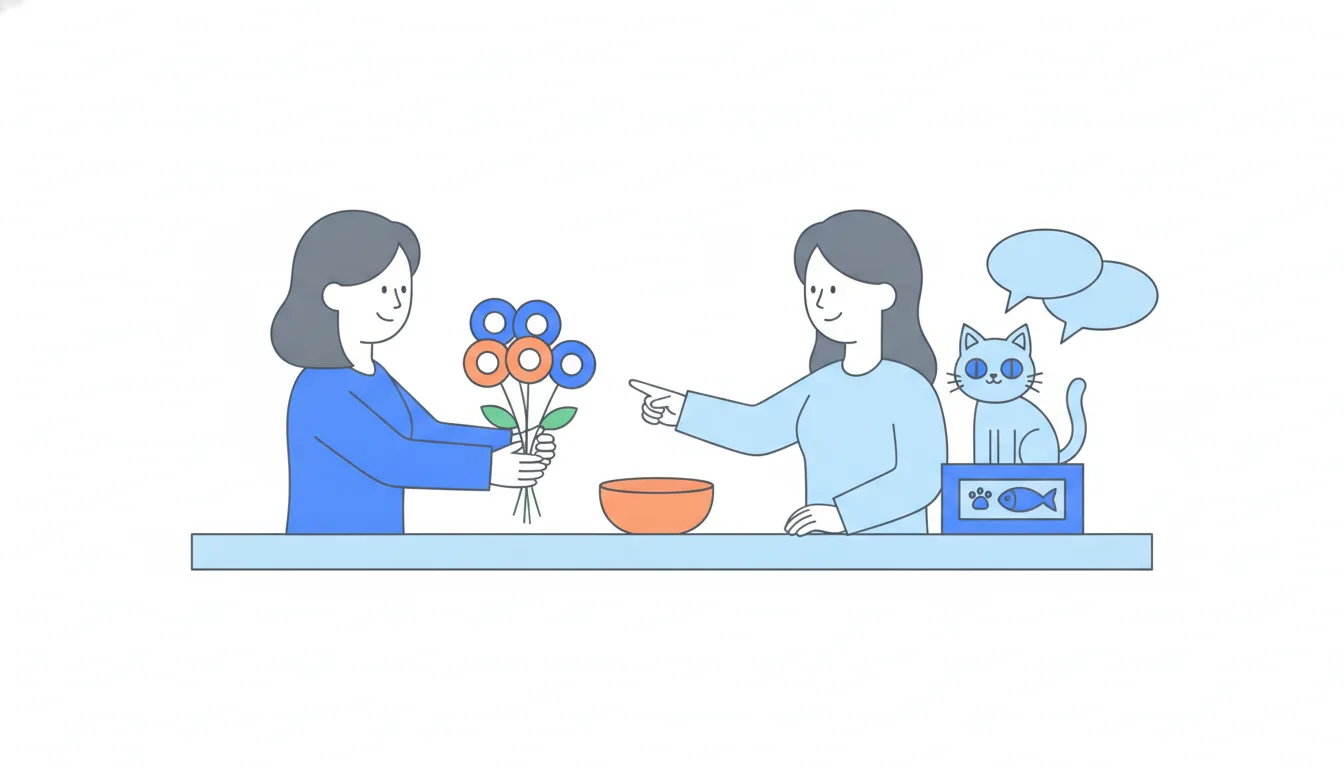 A customer hands the interviewer a bouquet of flowers; she gently sets it aside and points to the cat's empty orange bowl instead.