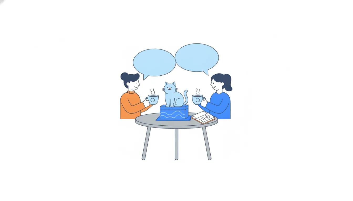 A product team member and a cat owner talk over coffee at a small table, with a cat on a blue cat-food box between them and an orange notebook.