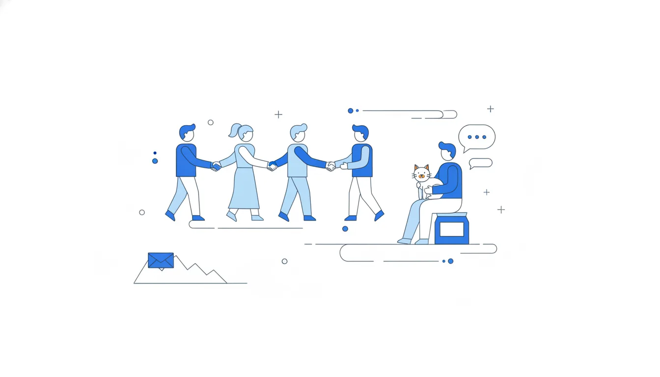 A warm chain of people passes a handshake from one to the next towards a cat owner with a cat, while a lone blue envelope sits in a snowy corner.