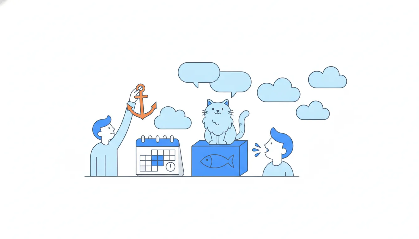 Fluffy clouds drift from a customer's mouth, and the interviewer pulls one cloud down with an orange anchor onto a single past calendar day.
