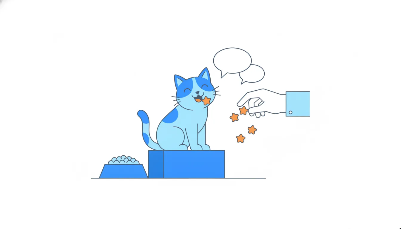 A cat happily crunches treats tossed by a person, while a full bowl of proper food sits beside it untouched.