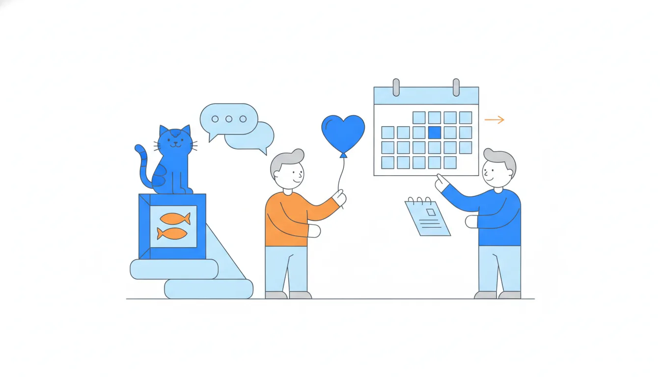 A customer releases a heart-shaped balloon; the interviewer smiles, lets it float past and points to a calendar page in an open notebook.