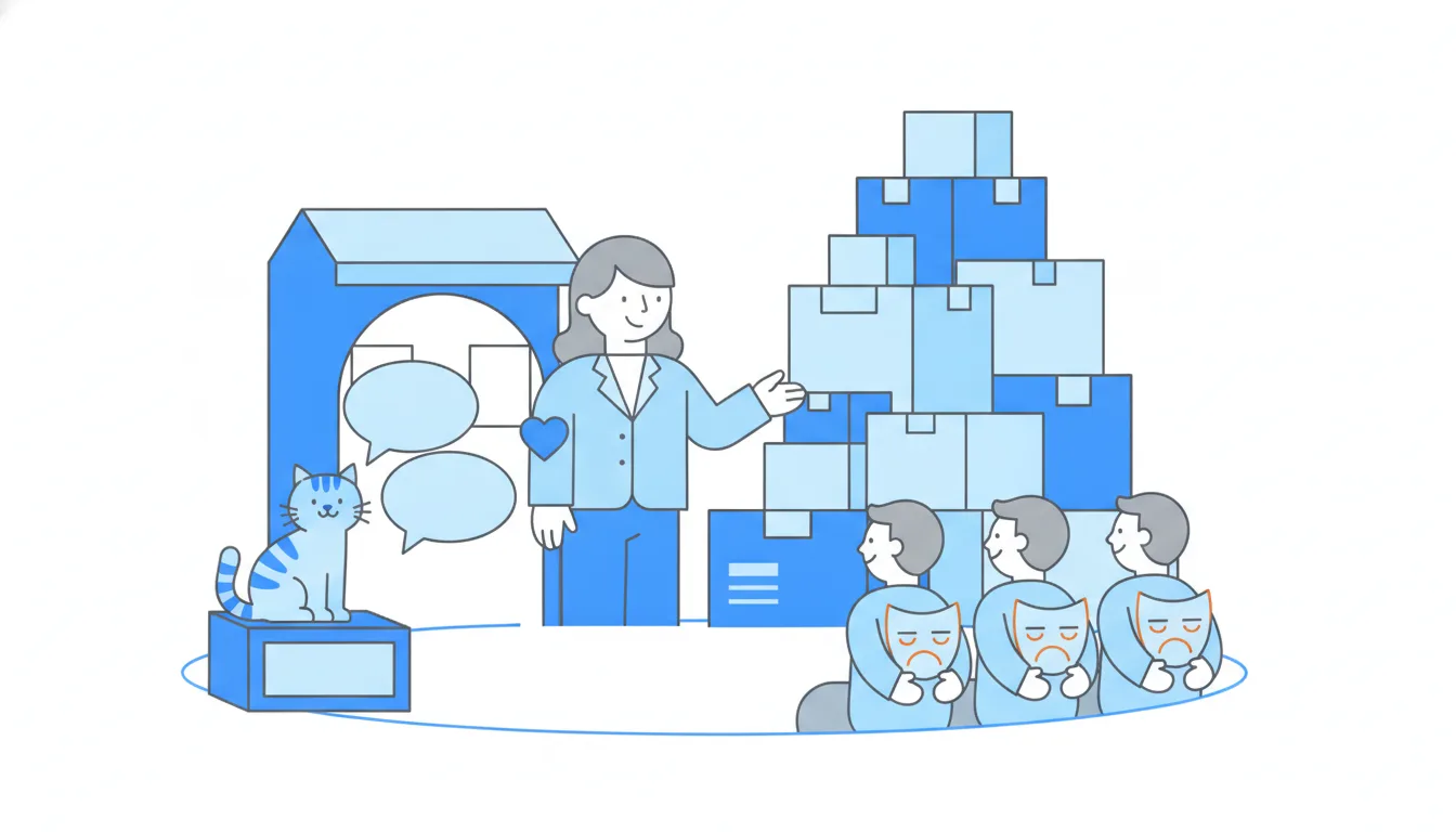 A presenter with a big heart on her sleeve stands before a tall tower of work boxes; her listeners smile while hiding frowning masks behind their backs.