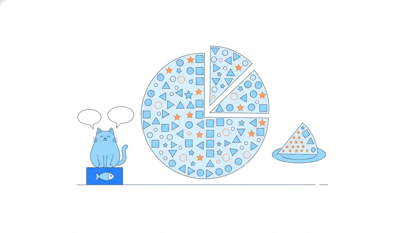 A big round pie made of many tiny different figures is cut into thinner slices until one small slice of matching figures remains.