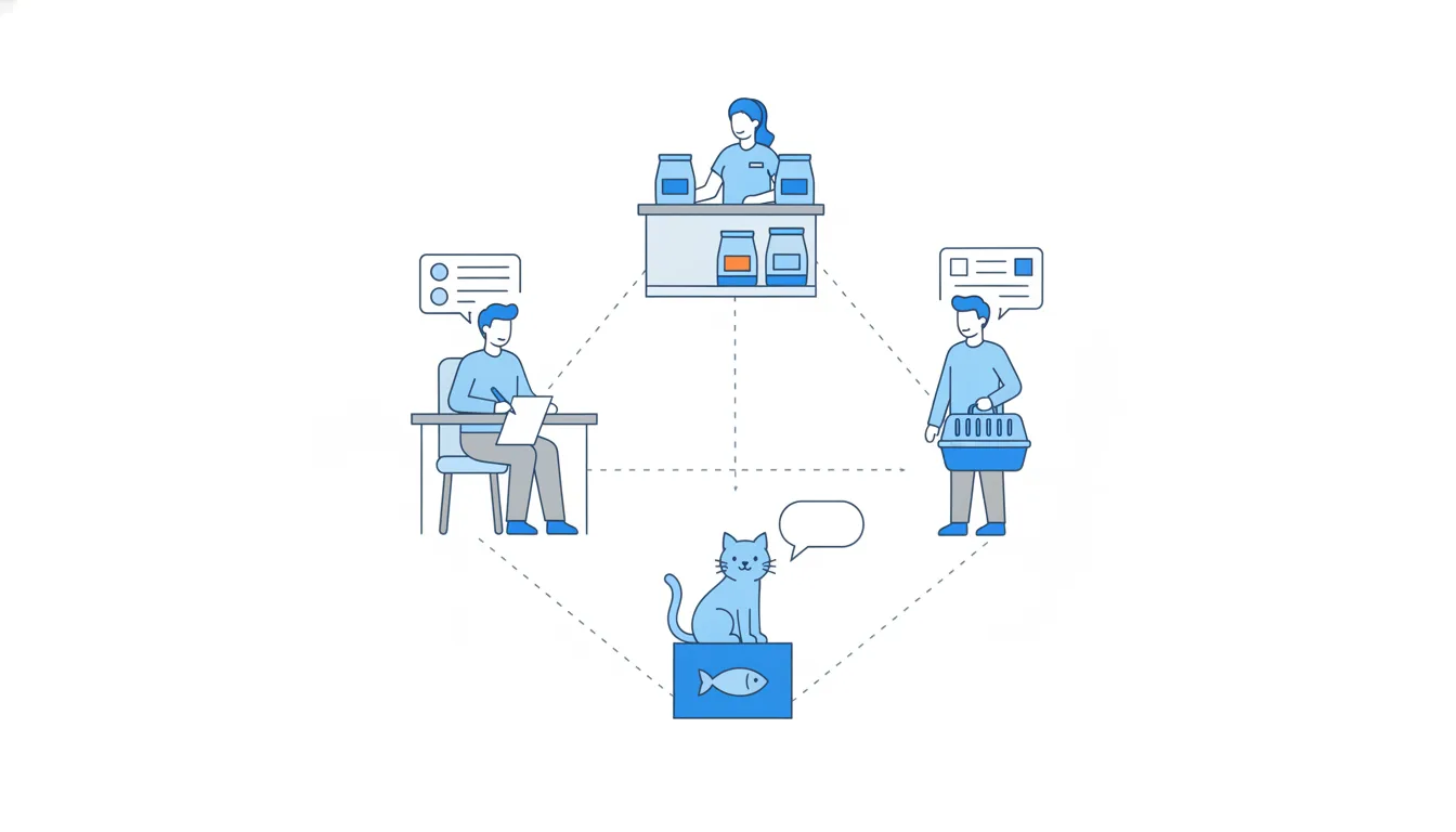 Three figures linked by dotted lines: a vet writing on paper, a clinic administrator with a shelf of diet food, and a cat owner with a carrier.