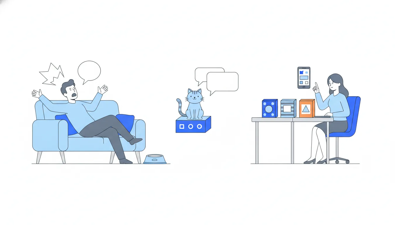 Left: a man lounging on a sofa complains toward an empty cat bowl. Right: a woman compares three cat-food boxes on her desk, a delivery app open on her phone.