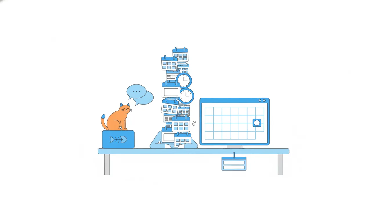 A person sits buried behind a tall stack of calendar invites and ticking clocks, sighing.