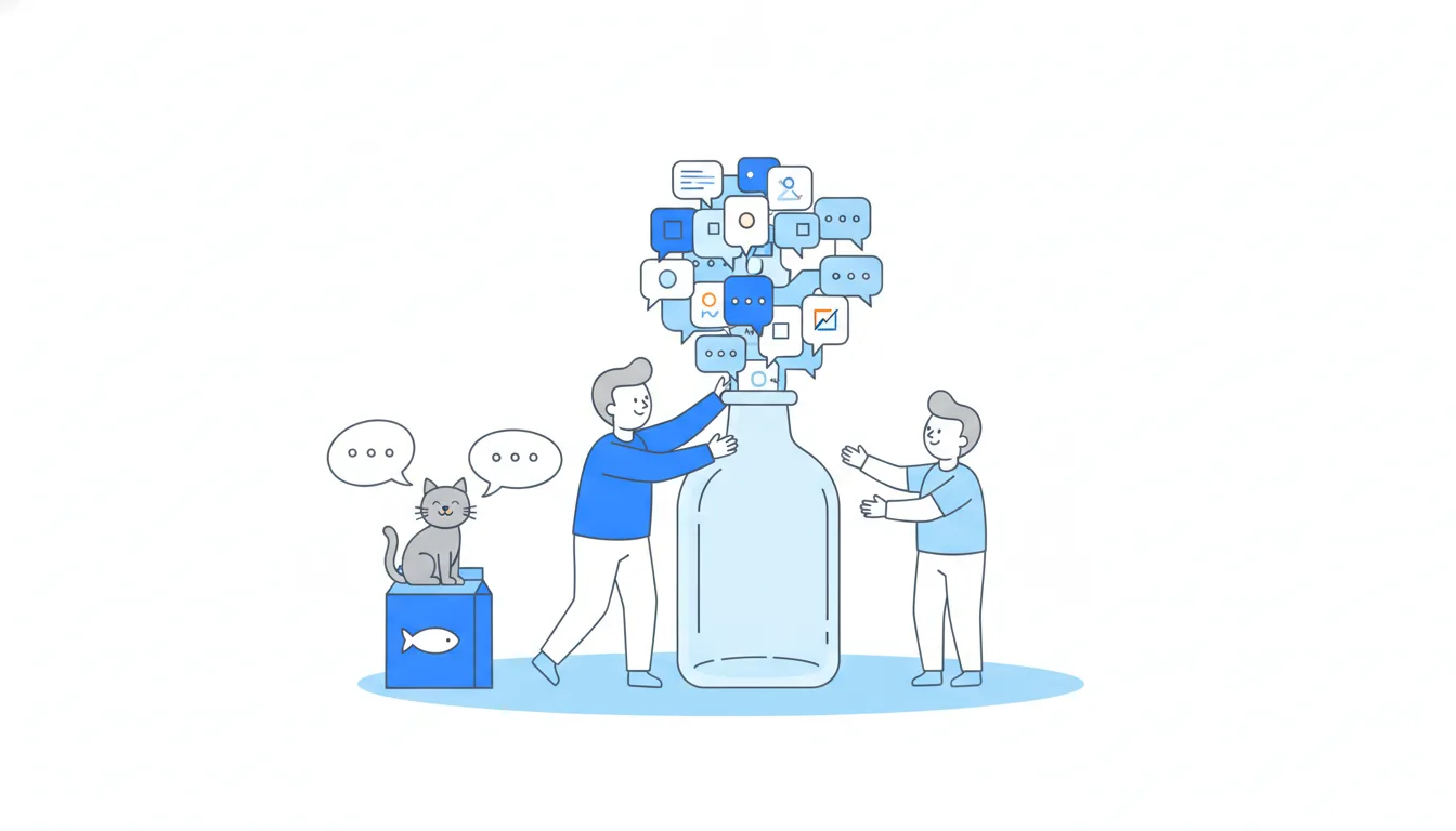 One person squeezes a huge bundle of speech bubbles through the narrow neck of a bottle while teammates wait on the other side.