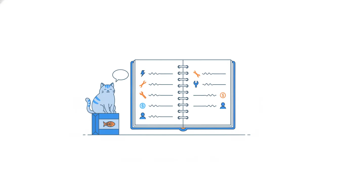 An open notebook page with wavy lines of notes, each starting with a small coloured icon: a lightning bolt, a wrench, a coin, a person.