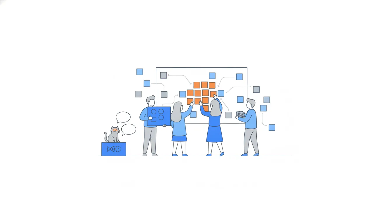A small team sticks notes from many conversations on a wall and gathers the matching orange ones into one cluster.