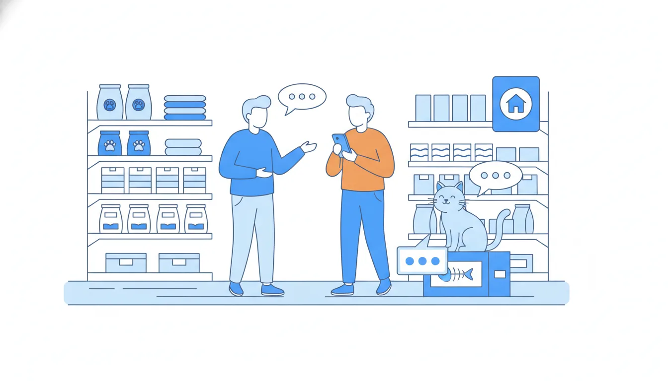 In a pet-shop aisle, a person chatting with a cat owner glances at a small card with three bold dots clipped to the back of her phone.