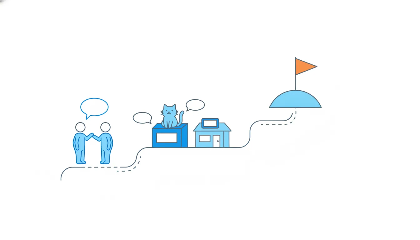 A winding path passes small scenes of a chat, a cat and a shop, and climbs to one orange flag on a hilltop.