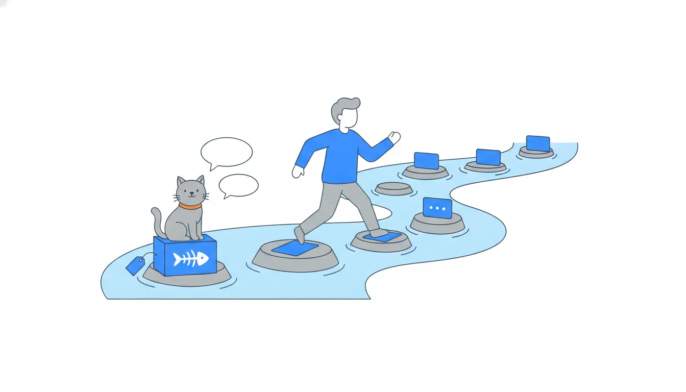 A person crosses a river on stepping stones, each with a small card of three dots; the stones behind are crossed and a new card waits ahead.