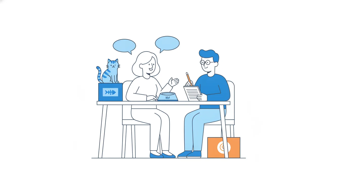 A woman at her kitchen table points at an empty cat bowl as she talks; the listener takes notes and keeps a wrapped box closed under the table.