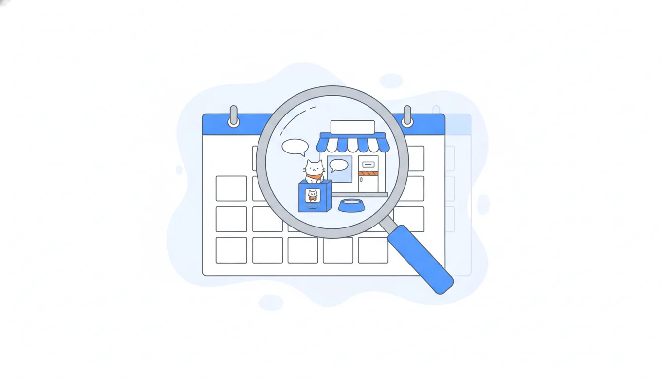 A magnifying glass over one past day on a wall calendar shows a closed shop and an empty cat bowl; the future pages are blank and foggy.