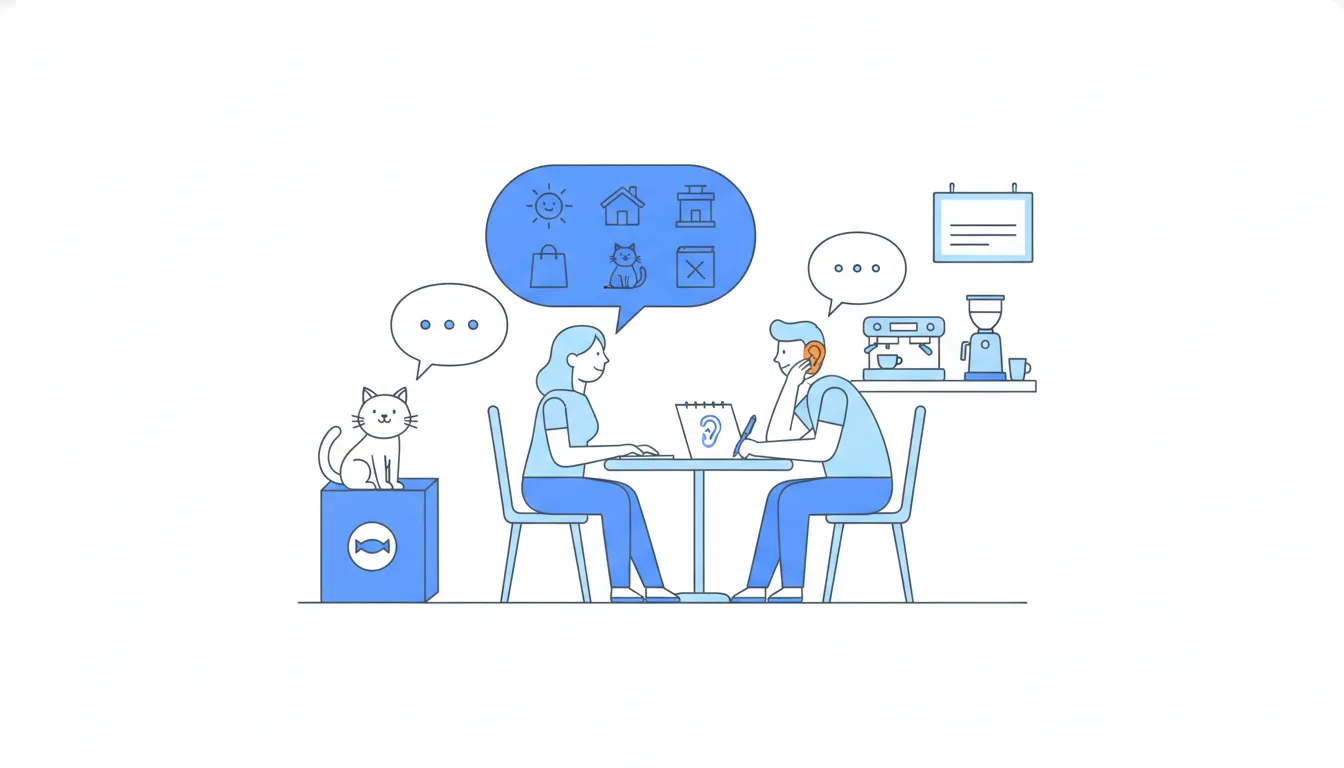 At a café table, a customer's large speech bubble holds pictures of her cat and a closed shop; the listener's bubble is tiny, his pen resting on a notebook.