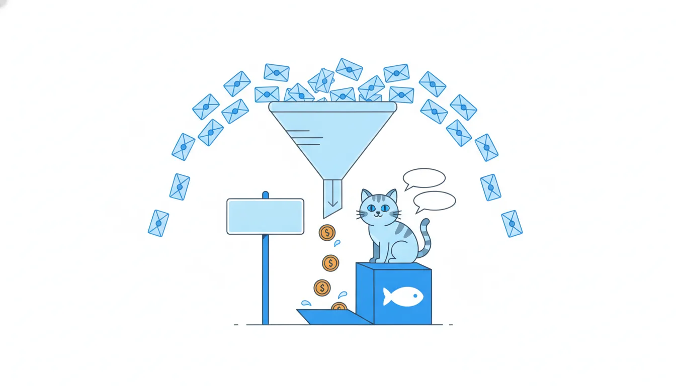 A wide funnel takes in a flood of small envelopes at the top; only a few coins drop out of the bottom into an open cat-food box.