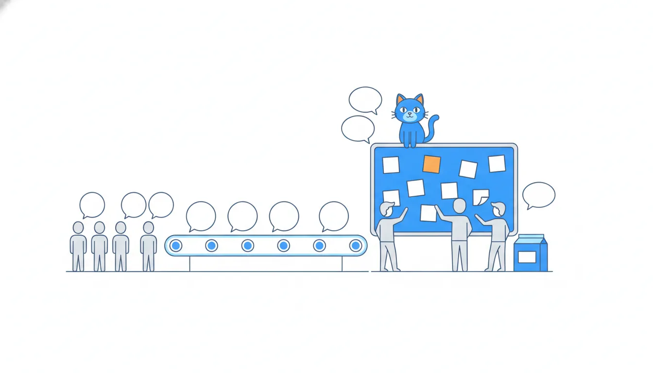 Many people send speech bubbles along a conveyor belt to a board of sticky notes where three team members decide together; a cat sits on the board.