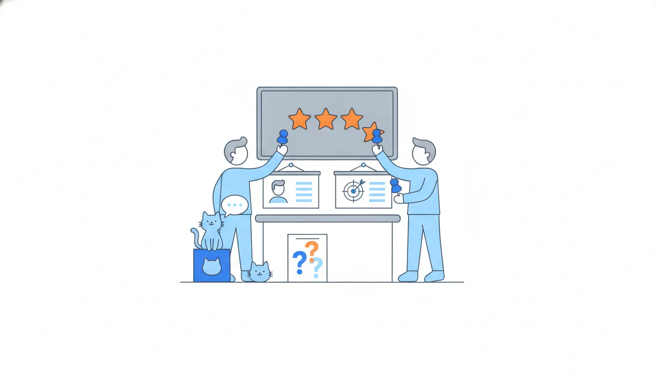Two team members pin three orange stars onto a board before a call, with separate lists under two different silhouettes and a cat on the desk.