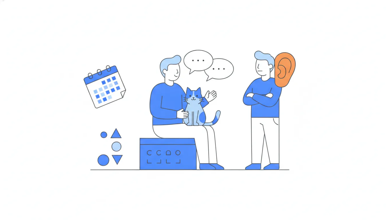 A cat owner talks with a cat on their lap and an old calendar page beside them, while the team member listens with a big orange ear.