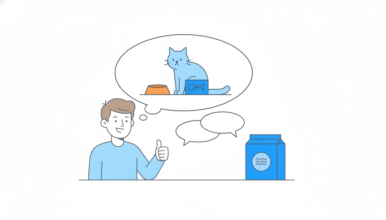 A smiling cat owner gives a thumbs-up, while their thought bubble shows a cat turning away from a full orange bowl beside a blue cat-food box.