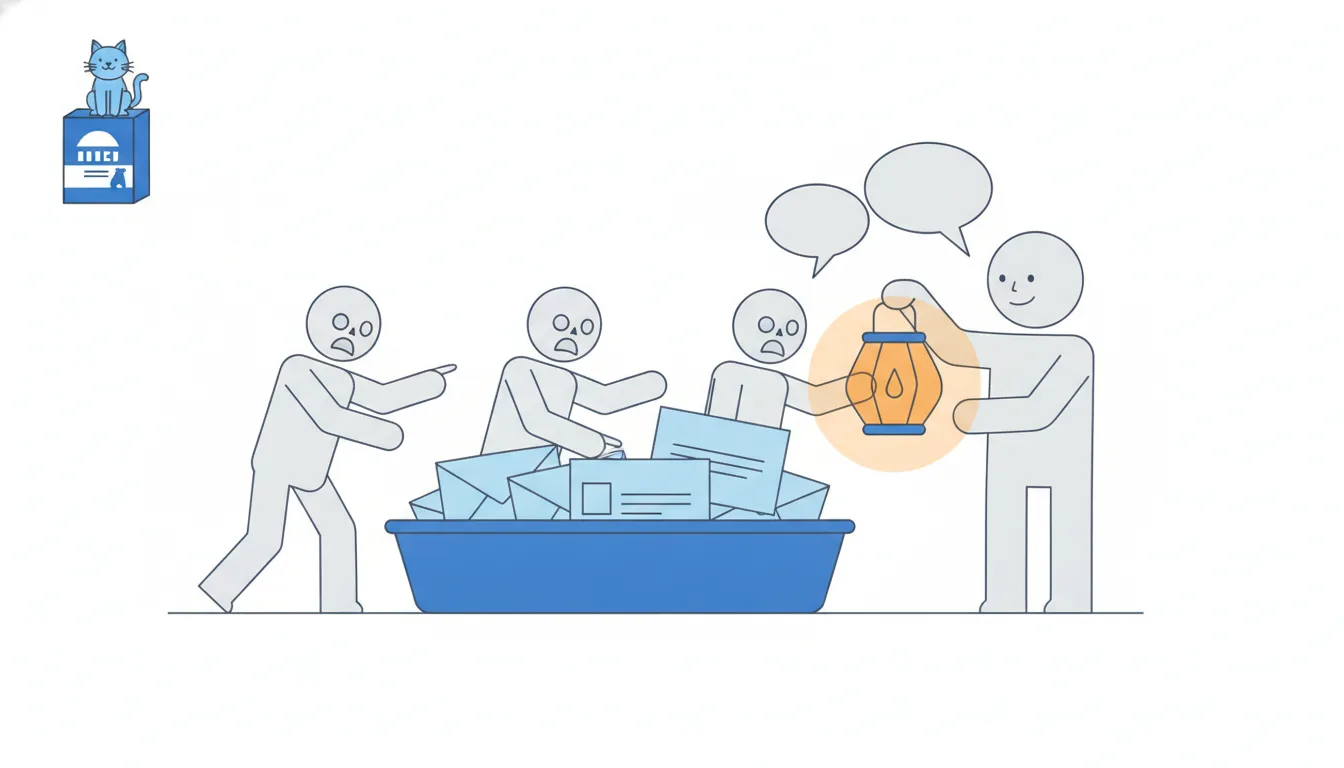 Pale gray zombie-like figures shuffle around an inbox tray holding sealed envelopes, while the interviewer holds up an orange lantern.