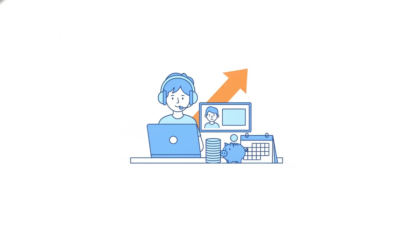 A teenager in a headset takes a video lesson on a laptop, next to a stack of coins, a piggy bank and a desk calendar, with an orange arrow rising behind them.