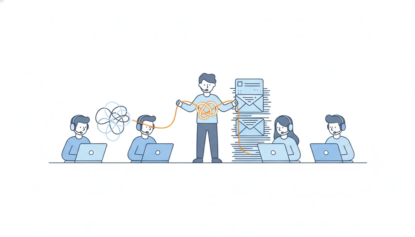 A team lead stands between coordinators with headsets, pulling a tangled orange knot into a straight line next to a tall stack of envelopes.