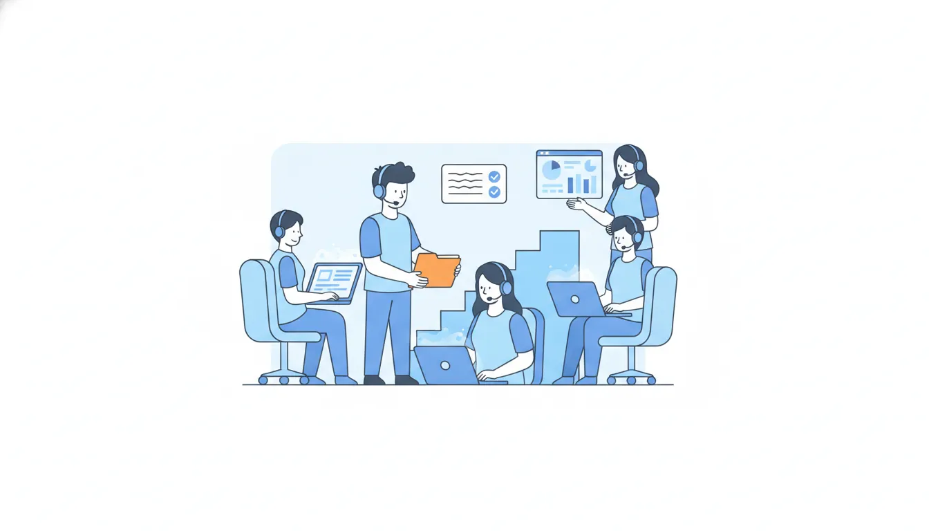 A team lead hands an orange folder to a coordinator while others work at laptops, with a checklist card and a staircase behind them.