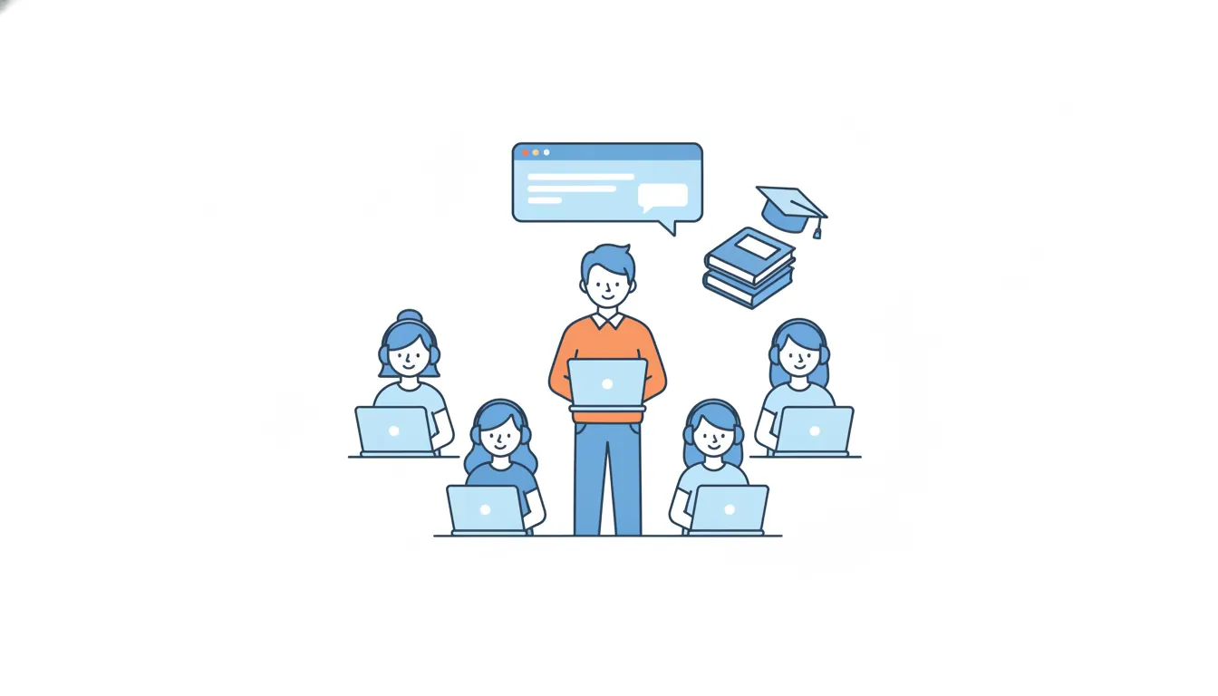 A team lead in an orange sweater holds an open laptop, surrounded by four smiling coordinators with headsets at their laptops, with a chat window, books and a graduation cap above them.