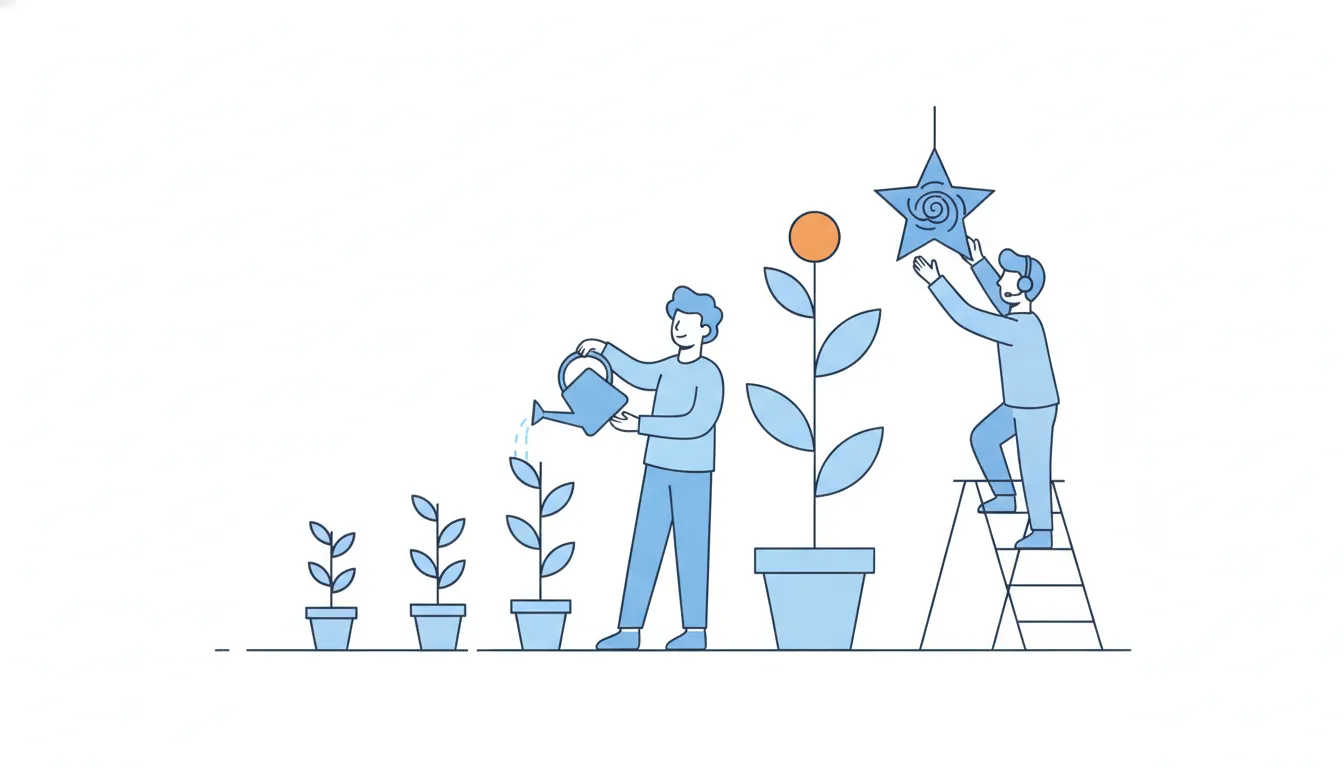 A team lead waters a row of plants that grow taller toward one with an orange flower, while a coordinator with a headset climbs a ladder toward a star.