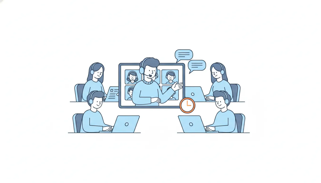 Four coordinators with headsets sit at laptops around a big screen with a video call grid, chat bubbles and an orange clock.