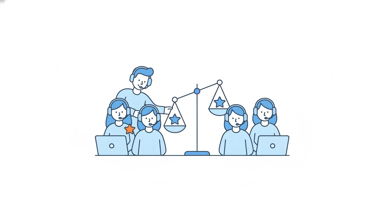 A team lead pins an orange star on a coordinator's shoulder next to a scale with a blue star on each pan, while coordinators with headsets look on.