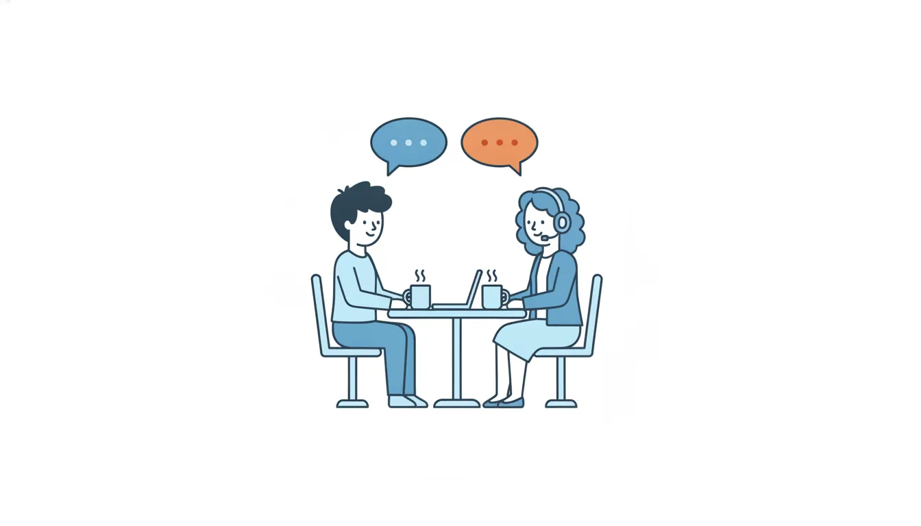 A team lead and a coordinator with a headset talk face to face over two cups of coffee, with a blue and an orange speech bubble above them.