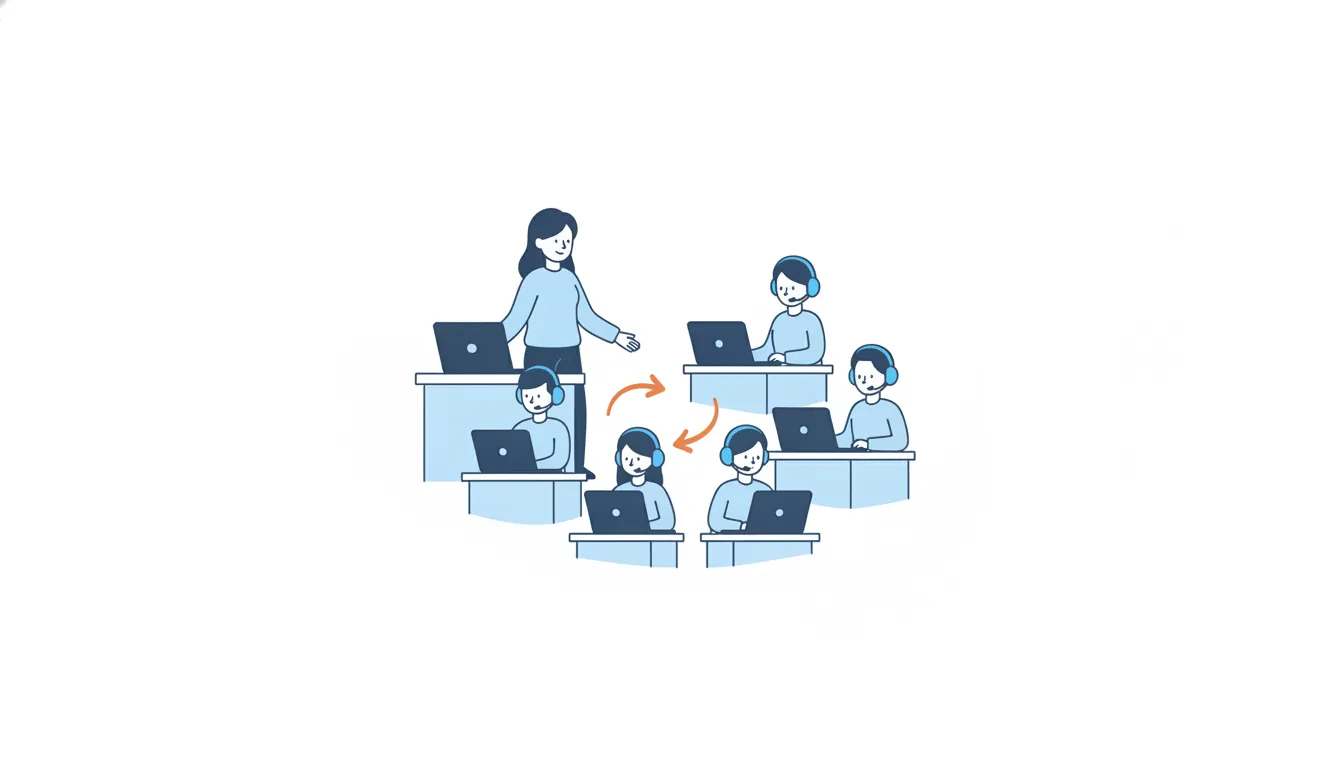 A team lead steps away from her own desk and turns toward coordinators with headsets, with orange arrows passing work between their desks.