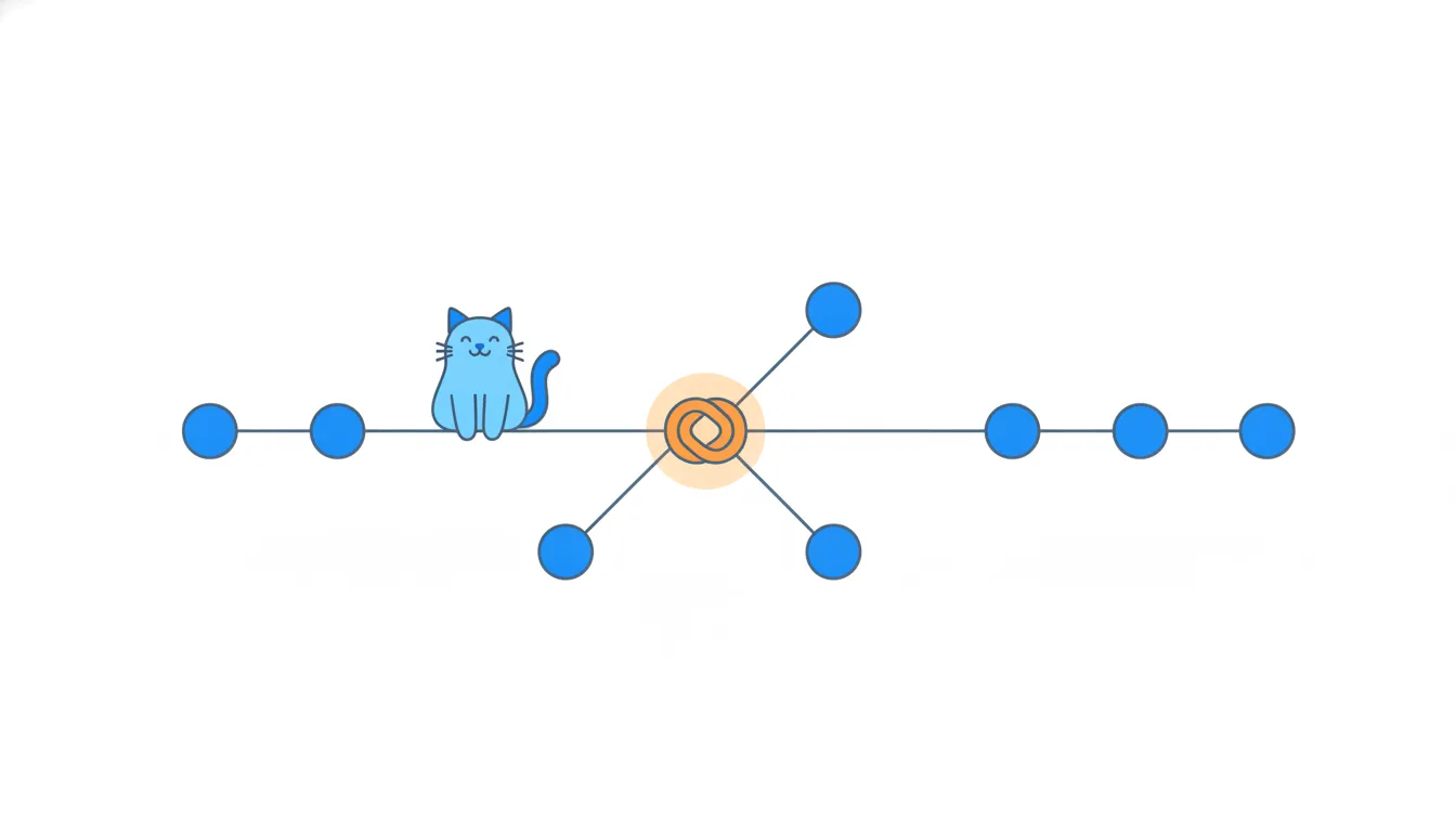 A line of blue circles splits into two branches like a tree limb and rejoins at an orange knot, with a cat sitting on one branch.