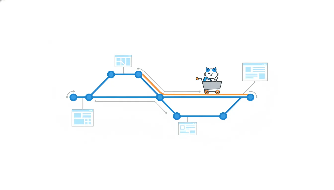 A main line of blue circles with two short side lines running parallel like railway sidings, and a cat riding a little cart on the orange one.