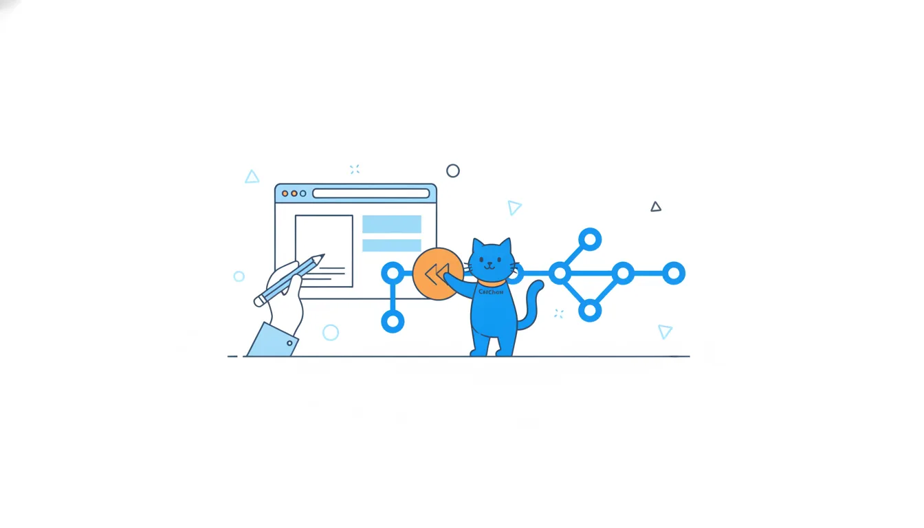 A hand with a pencil edits a page in a browser window while a cat presses a big orange rewind button that pulls one circle back off the history line.