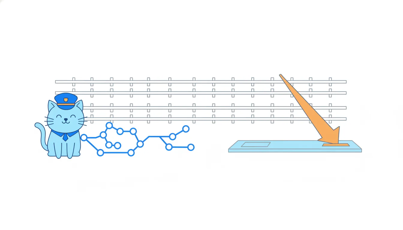 Two long parallel tracks with short spurs, a separate release platform and a steep orange emergency ramp to the top track, with a cat in a conductor cap.